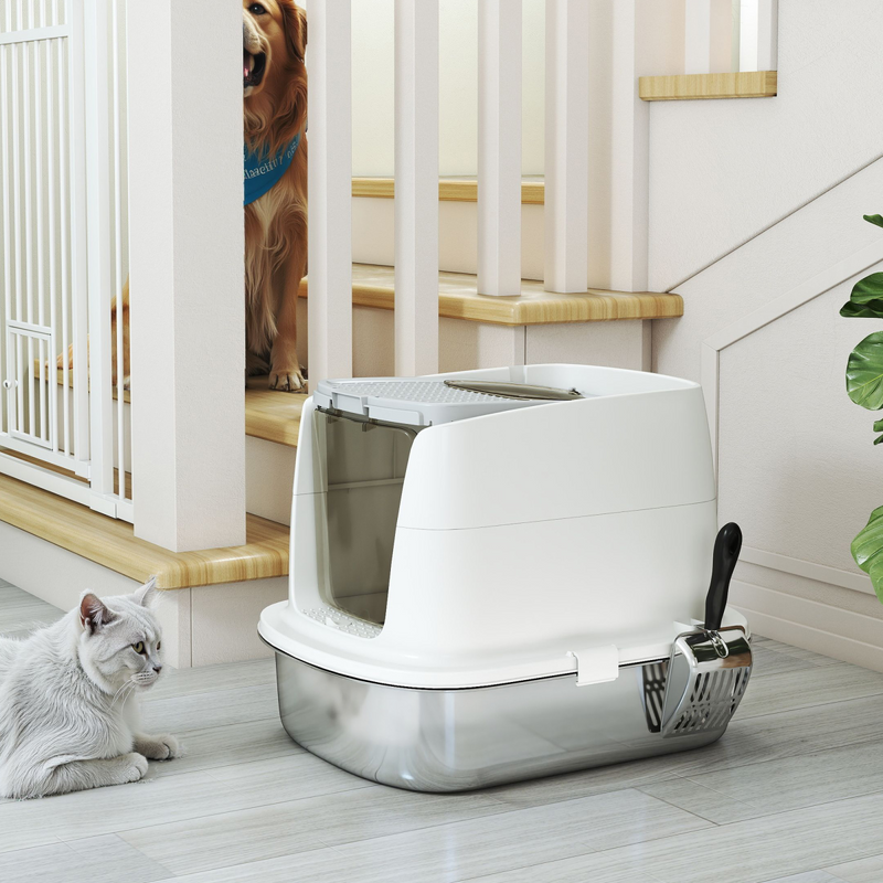 PawHut Stainless Steel Litter Box, Enclosed Metal Cat Litter Tray with Scoop