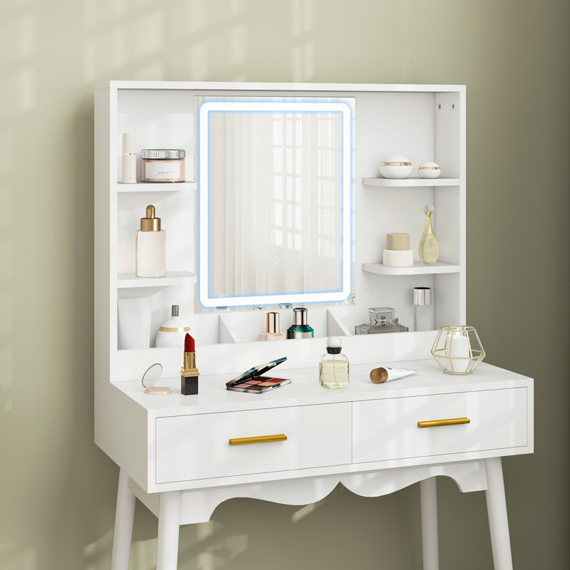 HOMCOM Dressing Table with LED Lighted Mirror and Cushioned Stool White