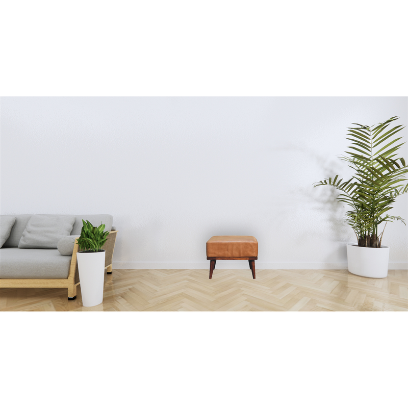 Artisan Furniture Solid Mango Wood Tan Buffalo Leather Tan Footstool