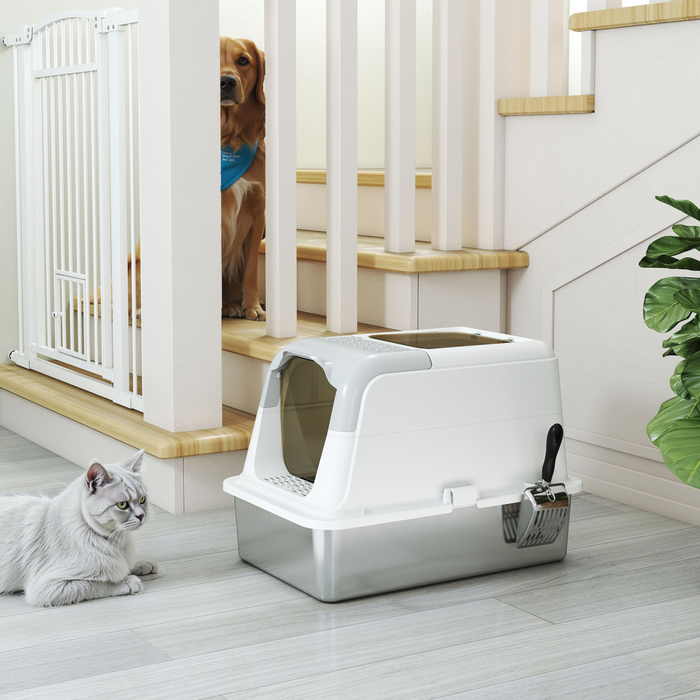 PawHut Stainless Steel Litter Box, Enclosed Metal Litter Tray with Scoop