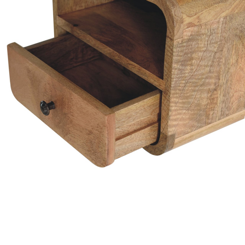 Artisan Furniture Solid Wood Extra Mini Wall Mounted Curved Oak-ish Bedside with Open Slot