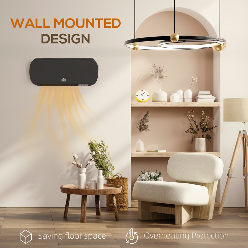 HOMCOM Wall Mounted Electric Heater with Timer Overheat Protection Black
