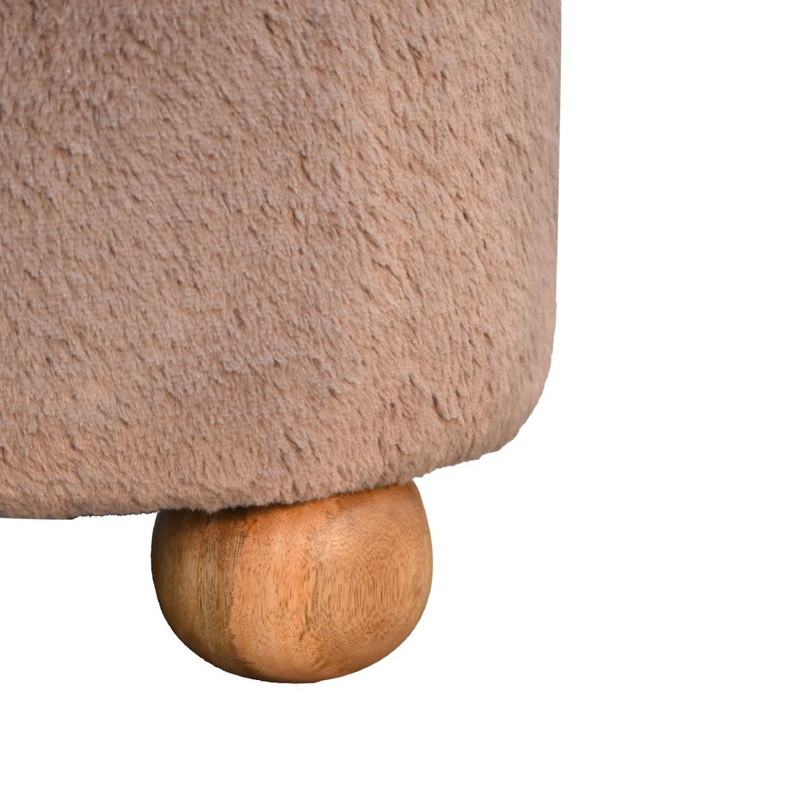 Artisan Furniture Solid Mango Wood Mocha Faux Fur Round Ball Footstool