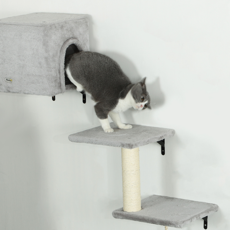 PawHut 6-Piece Cat Wall Shelves Set, Cat Wall Furniture with Condo, Grey