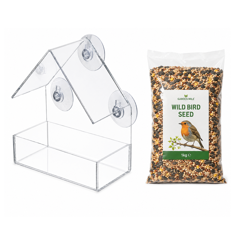 Perspex Window Bird Feeder with 1kg Wild Bird Seed