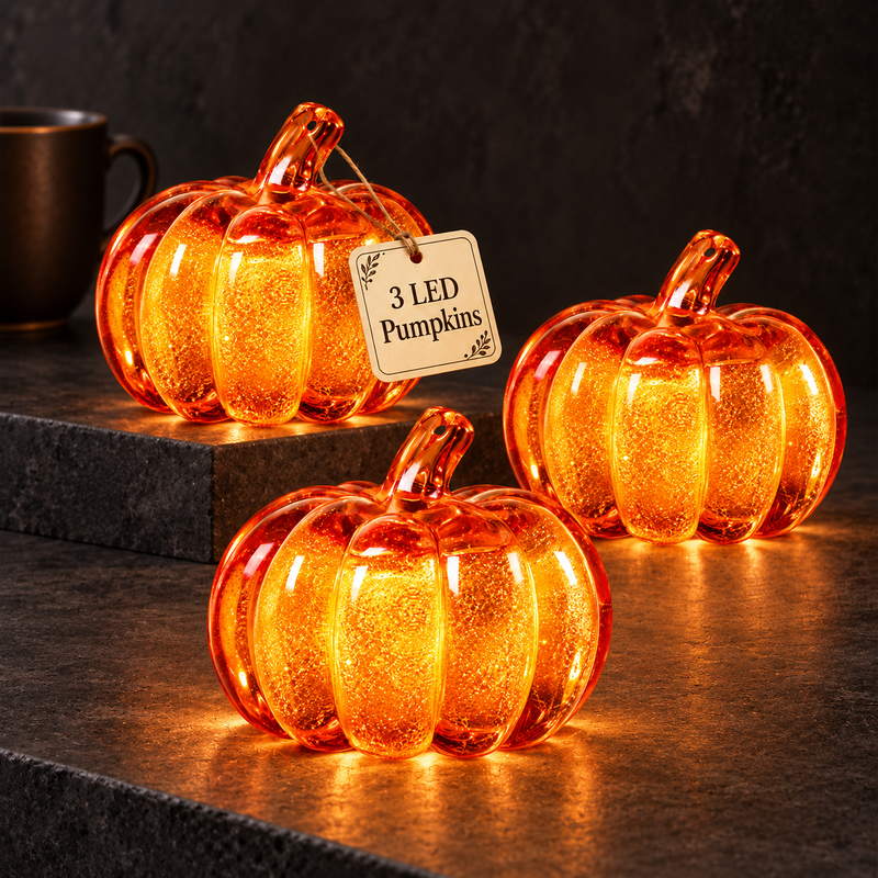 3pc LED Light Up Pumpkins Battery Operated Autumn Decorations