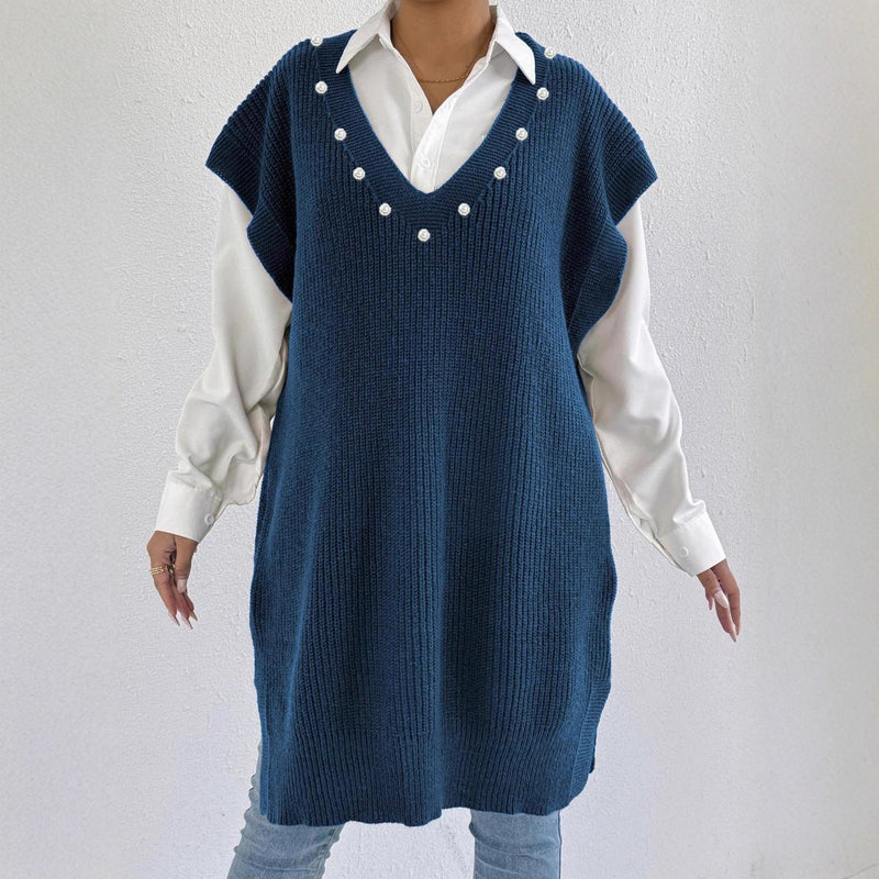 Preppy Style Casual Vest Dress V-neck Beaded Loose