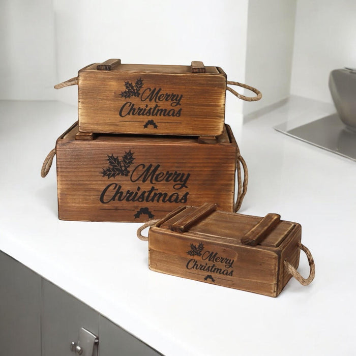 SET 3 WOODEN CRATES WITH LIDS ROPE HANDLES