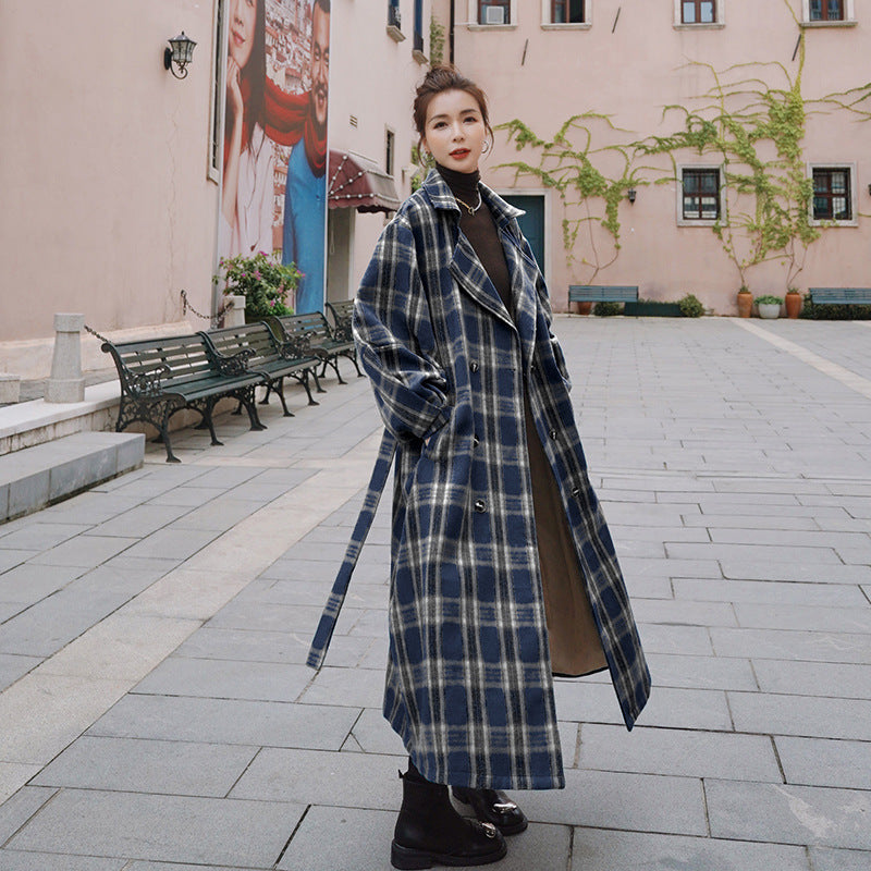 Women's Mid-length Plaid Woolen Coat