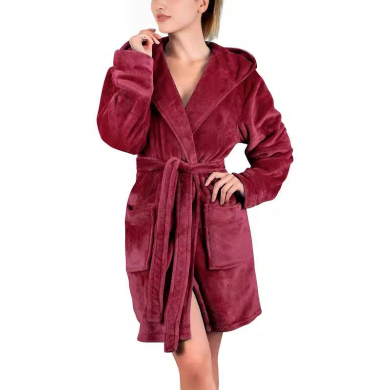 Flannel Plush Solid-color Hooded Thermal Pajamas