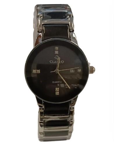 Clasico Ladies Dated Water Resistant Round Black Dial Black Silver Metal Strap Watch