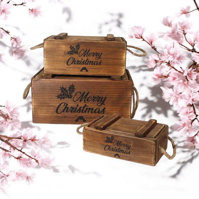 SET 3 WOODEN CRATES WITH LIDS ROPE HANDLES