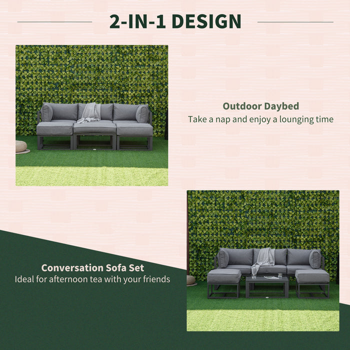Daybed 6 Piece Sectional Sofa Set, & Coffee Table, Footstool & Cushions, Grey