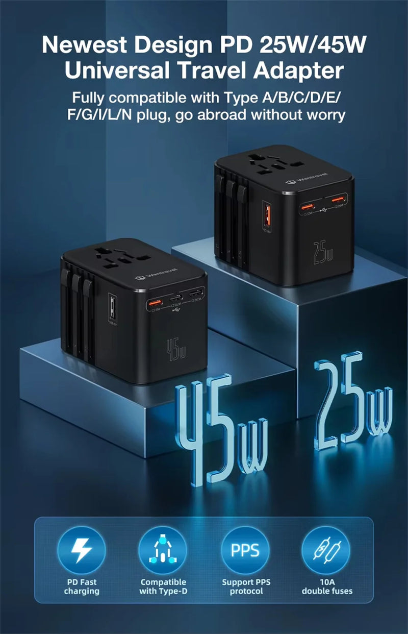 JINGMIN Universal Travel Adapter with 4 AC Outlets 1 USB Ports 2 Type-C PD 25W All-in-one Fast Power Charge On EU UK US AUS Plug
