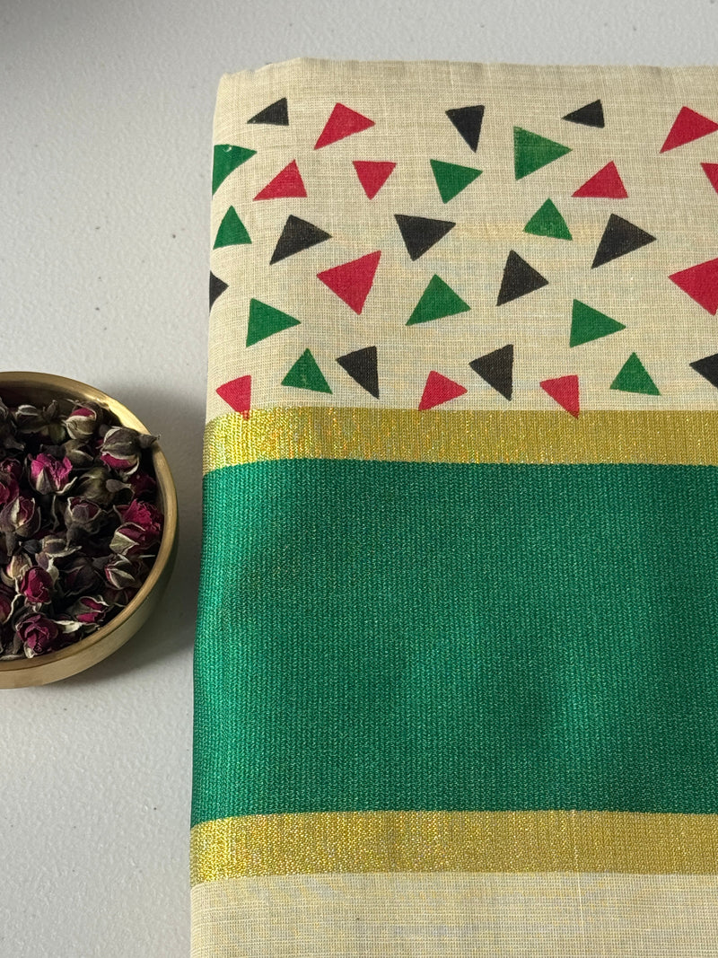 Traditional Kerala Cotton Onam Saree with Geometric Print & Green Kasavu Border S109