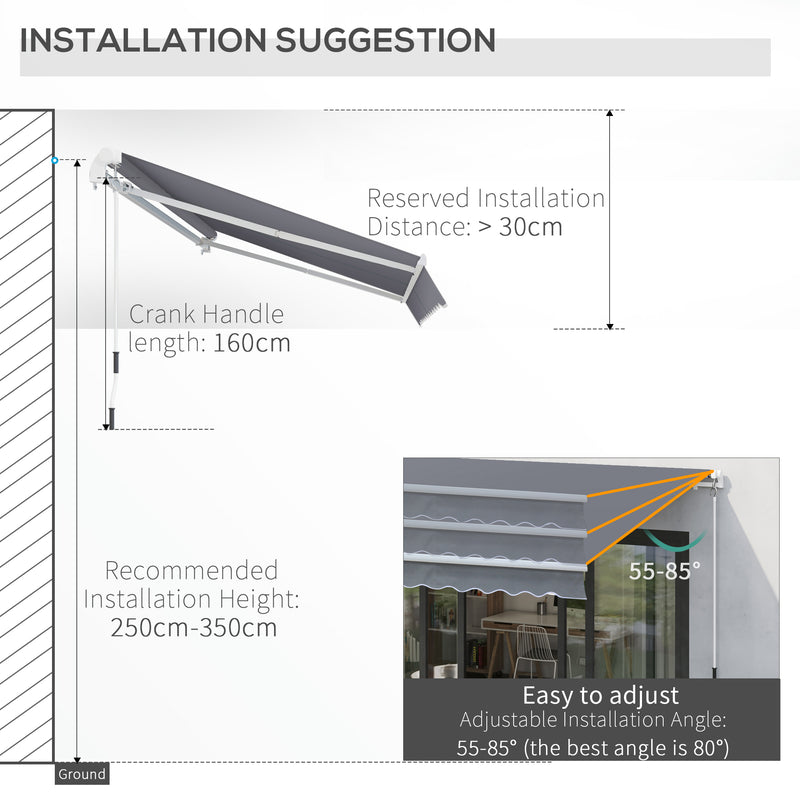 3x2.5m Manual Awning Canopy Sun Shade Shelter with Winding Handle, Grey