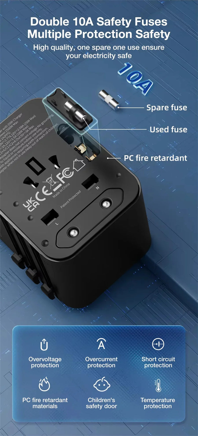 JINGMIN Universal Travel Adapter with 4 AC Outlets 1 USB Ports 2 Type-C PD 25W All-in-one Fast Power Charge On EU UK US AUS Plug