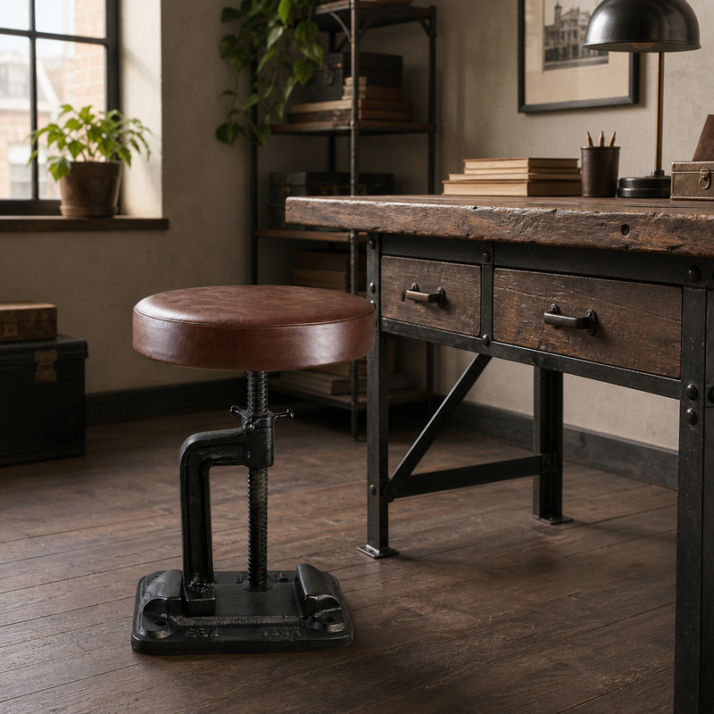 Vice Clamp Industrial Solid Bar Stool Wood or Leather Top