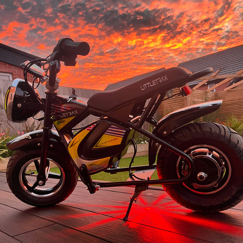 Littletrax 350W Kids Electric Bike – Ages 3 to 12+ ride on mini monkey bike - 3 speed, Bluetooth music, horn, lights, 36v