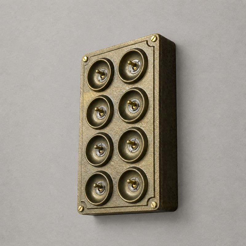 8 Gang 2 Way Bronze Solid Cast Metal Conduit Light Switch Industrial - BS EN Approved Vintage Crabtree 1950’s Style