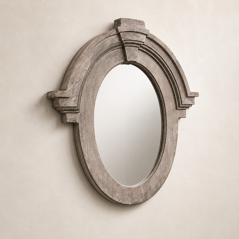 Mansard Architectural Oval Wall Mirror - Distressed Grey Wood Frame