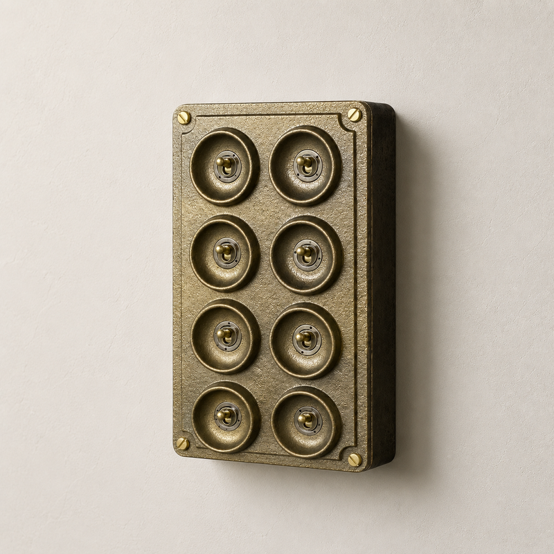 8 Gang 2 Way Bronze Solid Cast Metal Conduit Light Switch Industrial - BS EN Approved Vintage Crabtree 1950’s Style