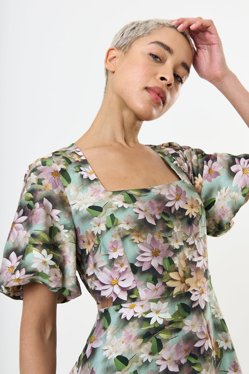 Agata 3D Daisy Print Mini Dress - Green