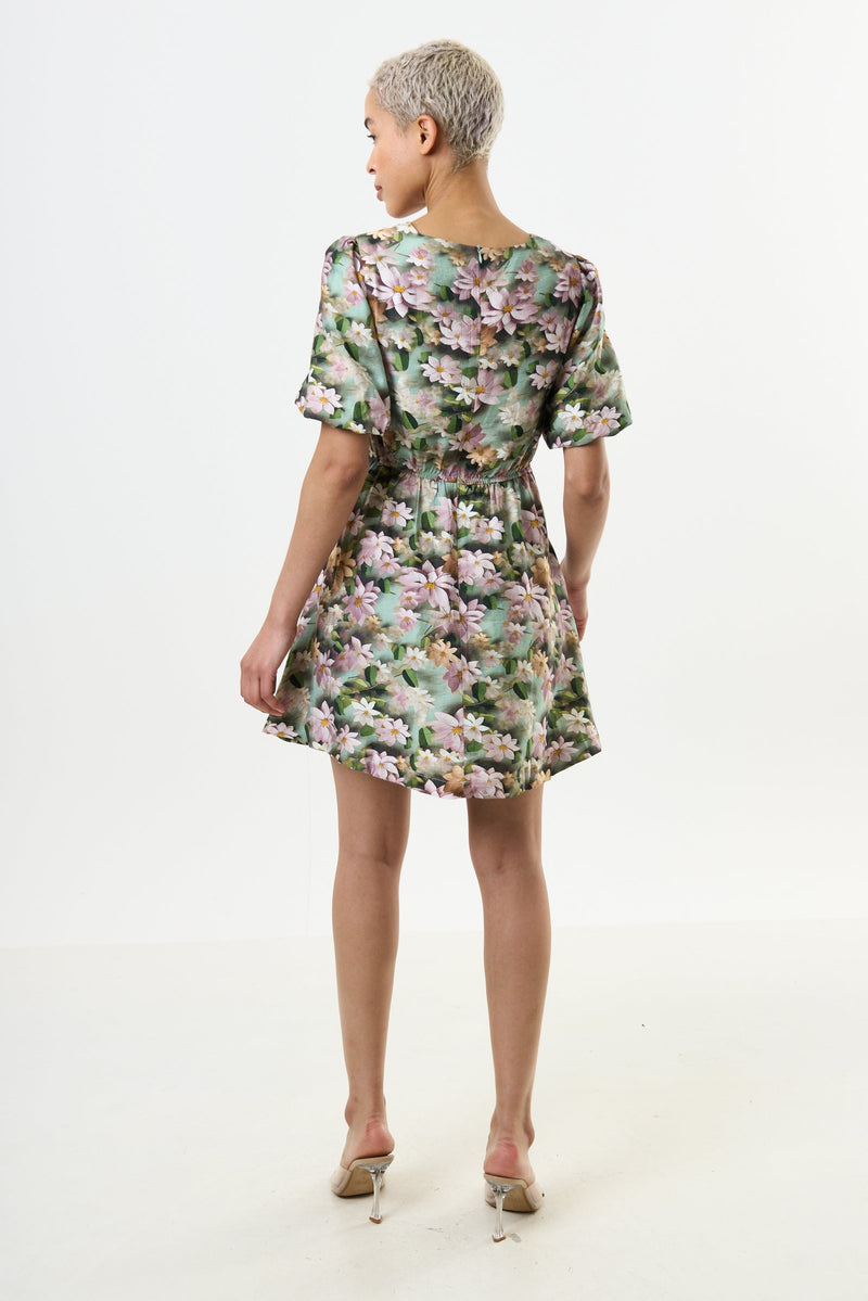 Agata 3D Daisy Print Mini Dress - Green