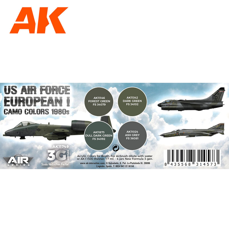 AK Interactive 3rd Gen Aircraft Paint Set - US Air Force European Camo Colors 1980s Set