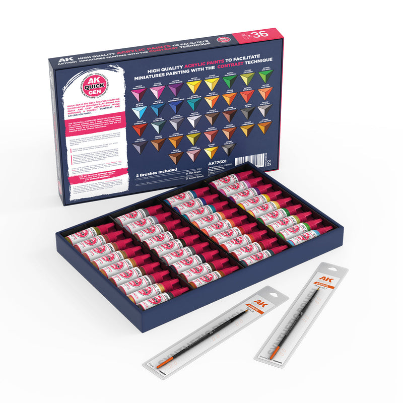 AK Interactive Quick Gen Paint Set - 36 Quick Gen Colors & 2 Brushes AK17601