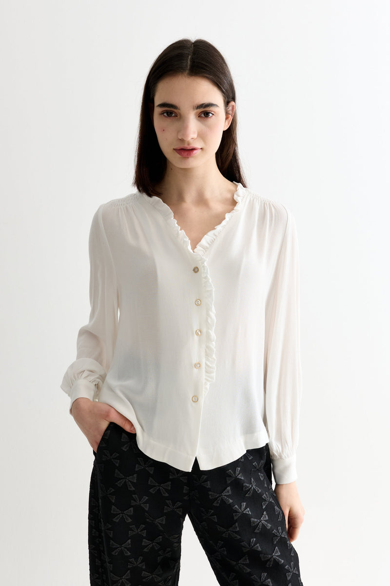 Alegra Moss Crepe Frill V-Neck Blouse