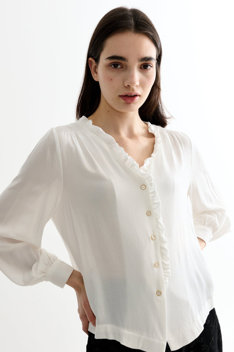 Alegra Moss Crepe Frill V-Neck Blouse
