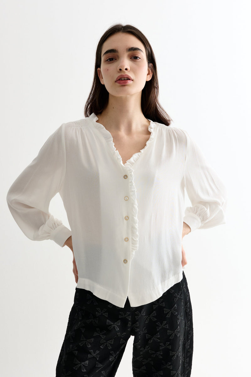 Alegra Moss Crepe Frill V-Neck Blouse