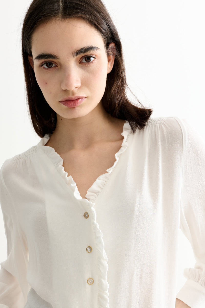Alegra Moss Crepe Frill V-Neck Blouse