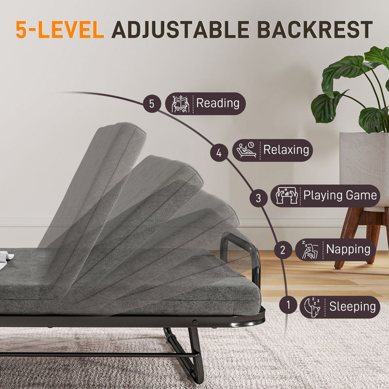 HOMCOM Single Folding Bed with Mattress Foldable Guest Bed on Wheels, Grey