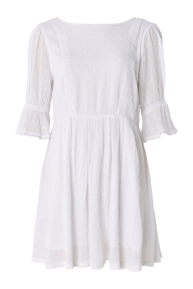 Amarine Self Dot White Square Back 3/4 Sleeve Mini Dress