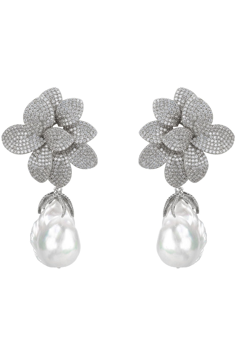 Amaryllis Flower Baroque Pearl Drop Earrings White Silver