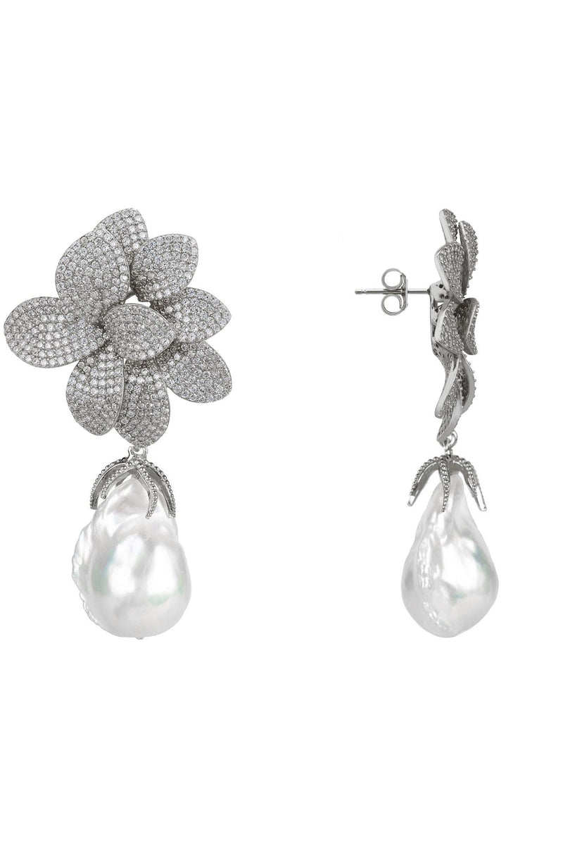 Amaryllis Flower Baroque Pearl Drop Earrings White Silver