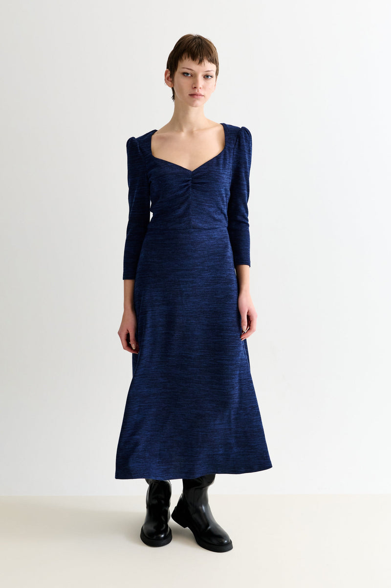 Ambrose Sustainable Marl Sweetheart Neck Midi Dress – Navy