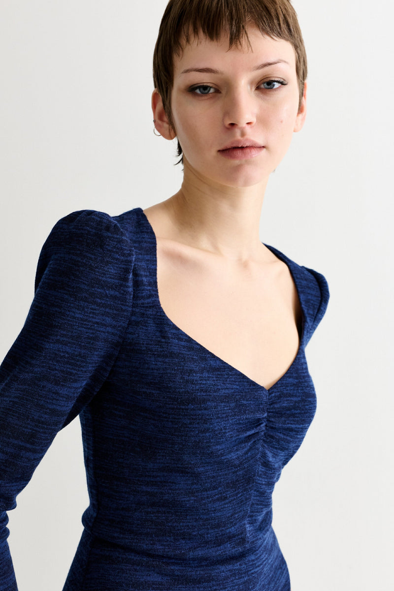 Ambrose Sustainable Marl Sweetheart Neck Midi Dress – Navy