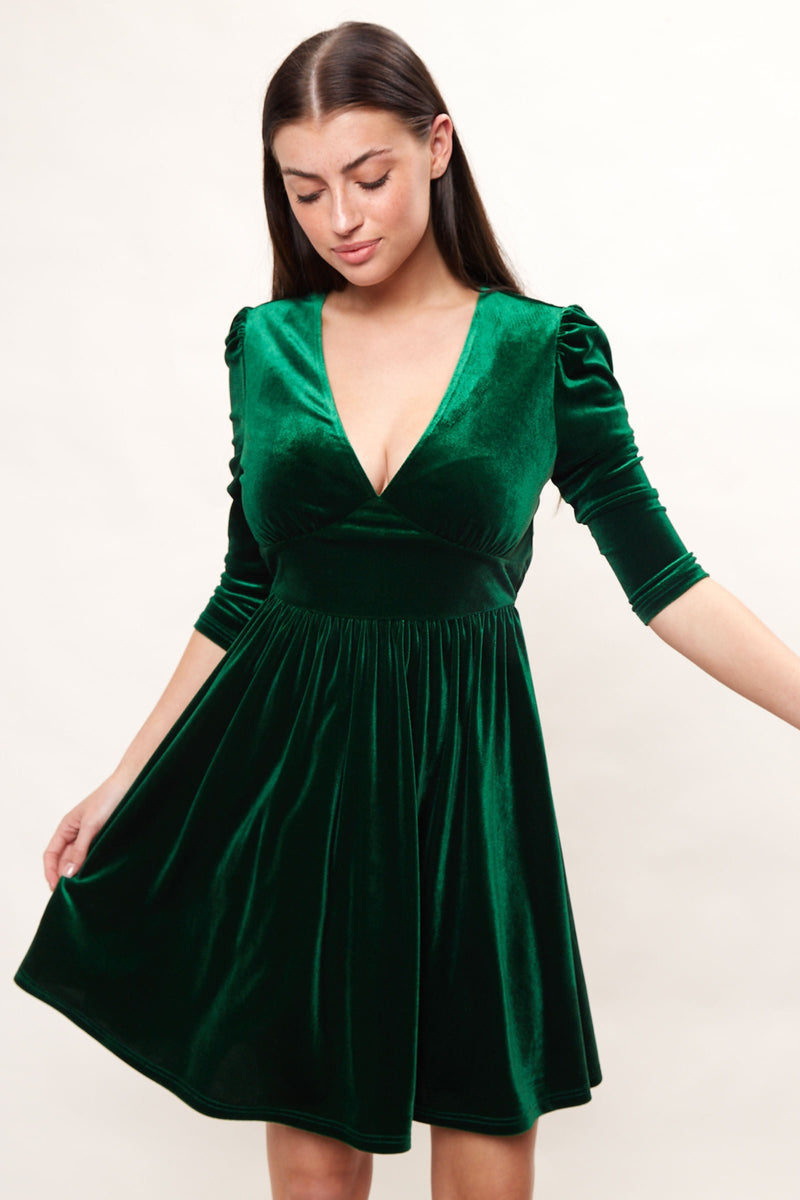 Annalise Velvet V Neck Fit And Flare Mini Dress - Green