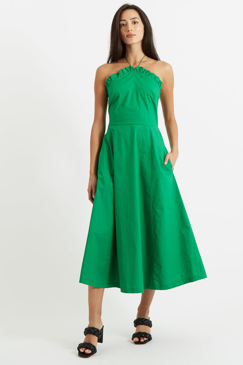 Aria Poplin Halter Neck Green Midi Dress