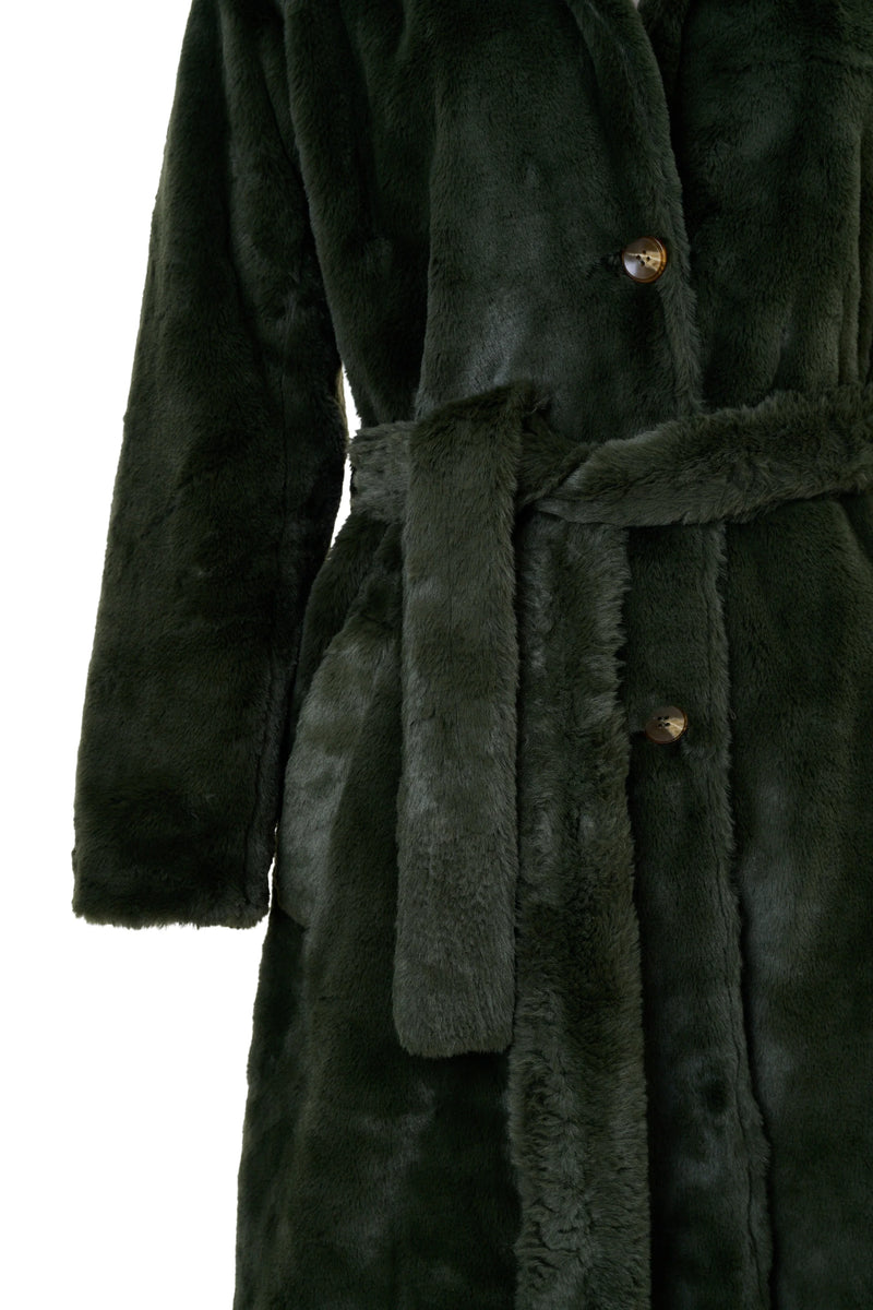 Arinette Faux Fur Tie Waist Coat - Khaki