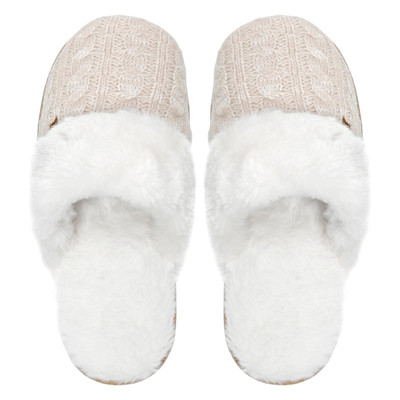 Ladies Cable Knit Faux Fur Thermal Winter Slippers