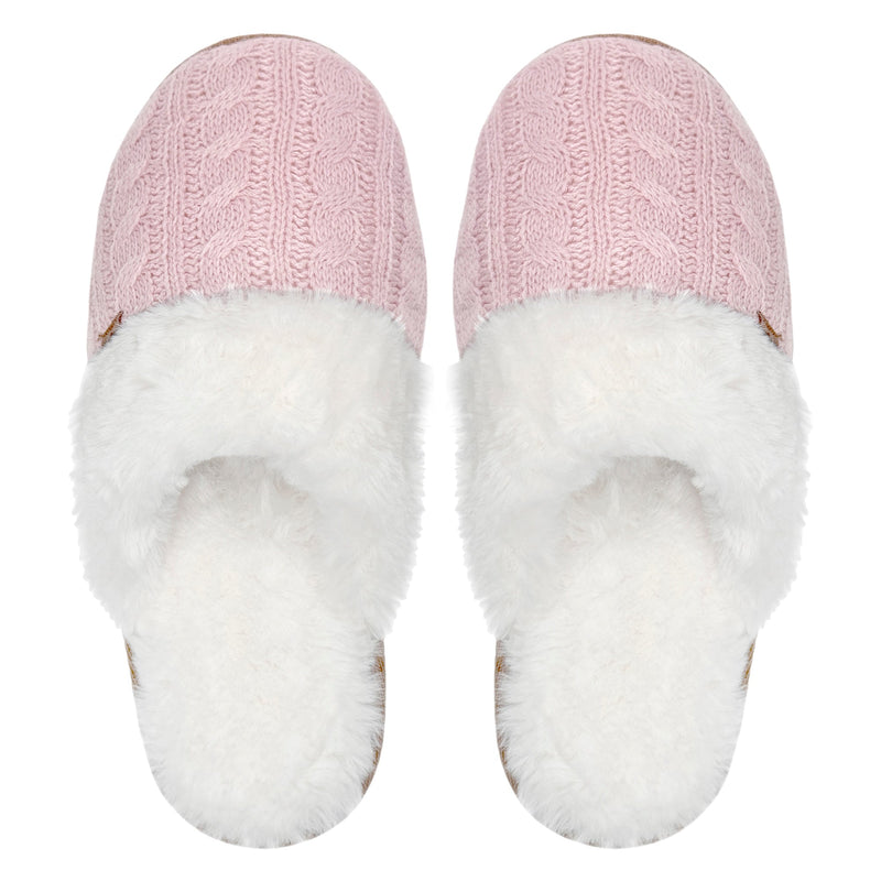 Ladies Cable Knit Faux Fur Thermal Winter Slippers