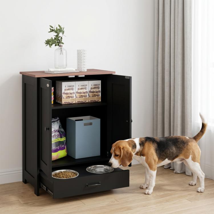 Pet Feeding Station with Raised Dog Bowls, Adjustable Panel, Hooks, Black