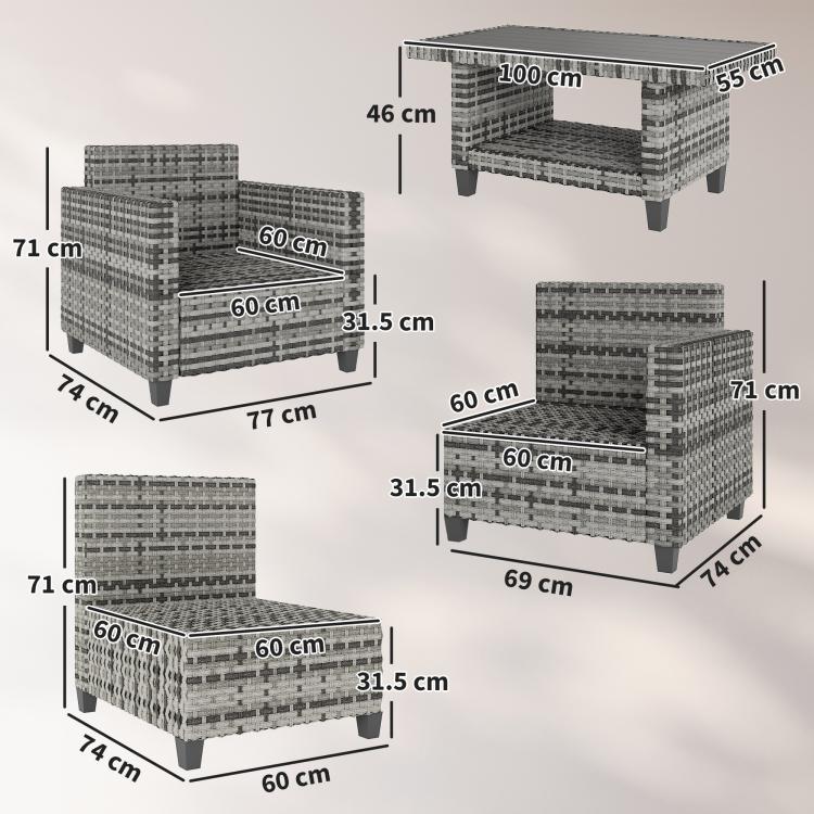 Six-Piece Modular Rattan Sofa Set - Light Grey