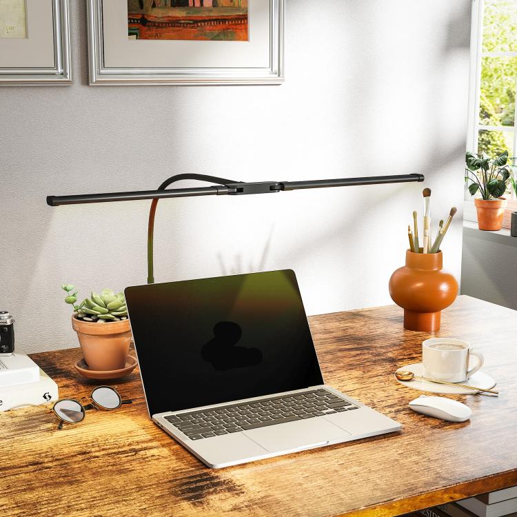LED Desk Lamp with Clamp, Double Head Table Lamp with 3 Colour Modes & 10 Brightness Levels, Flexible Gooseneck Reading Desk Light with Timer and Memory Function for Study, Office, Work, Black