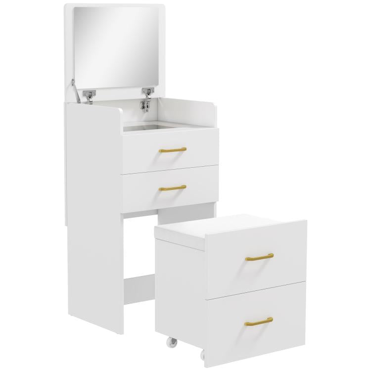 Compact Dressing Table and Stool Set, with Storage - White