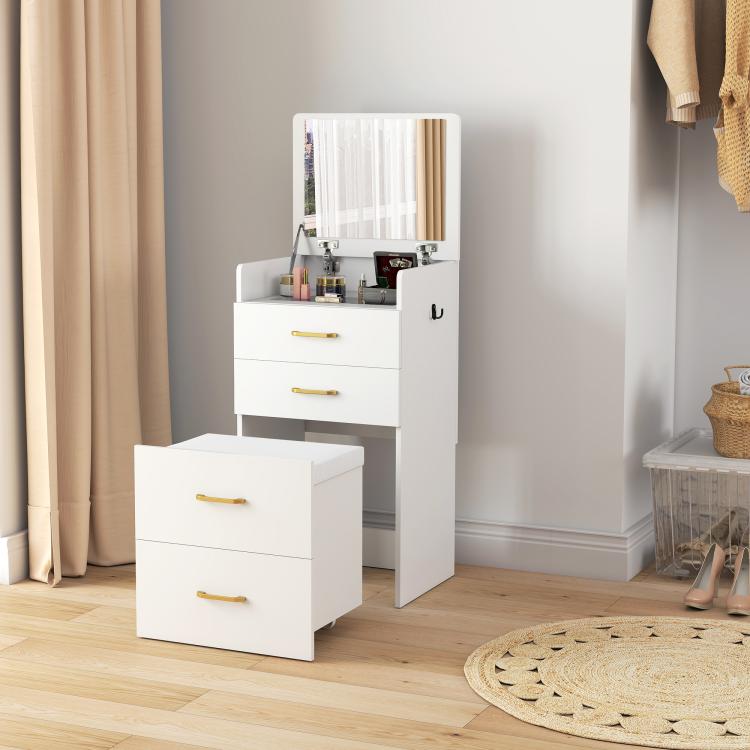 Compact Dressing Table and Stool Set, with Storage - White